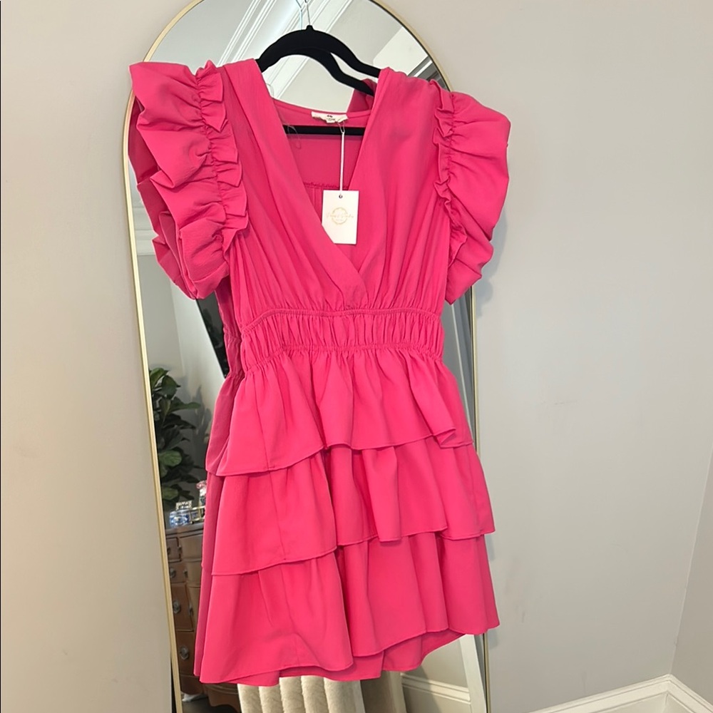 Pink Ruffled V-Neck Dress